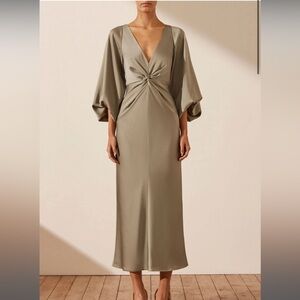 Shona Joy Luxe Balloon Sleeve Knot Front Midi Dress - Eucalyptus Size 2